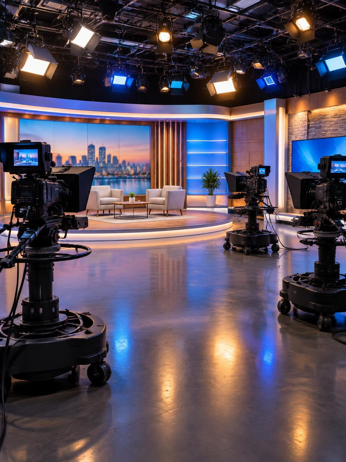 Television studio with cameras and lighting rig