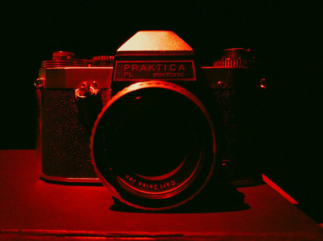 Film camera on a set with studio lighting
